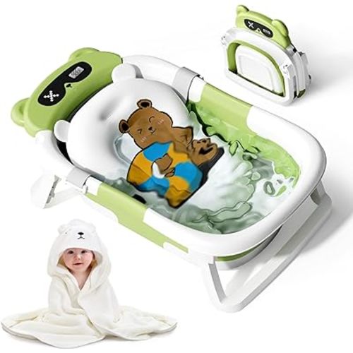 Collapsible Baby Bathtub for Newborn to Toddler (0-18 M) - Portable Baby Tub with Thermometer, Newborn Bathtub with Soft Towel and Floating Cushion (Green)