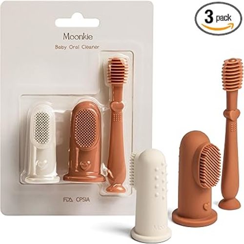 Moonkie Baby Finger Toothbrush Tongue Oral Cleaner Kit for 3 Months +, 3 Pcs (Clay/Ivory/Clay)
