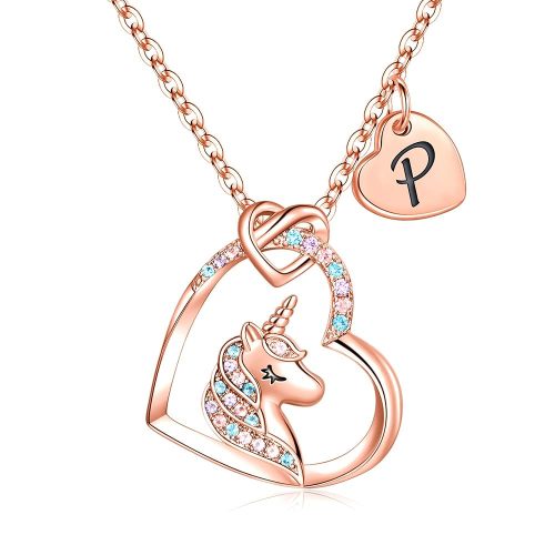 Hidepoo Unicorn Necklace Gifts for Girls Daughter - Colorful CZ Heart Pendant Initial Unicorn Necklaces for Girl Teens Little Girls Jewelry Birthday Gift