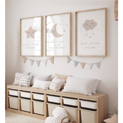 Moon, Stars, & Cloud Wall Prints- Set of 3