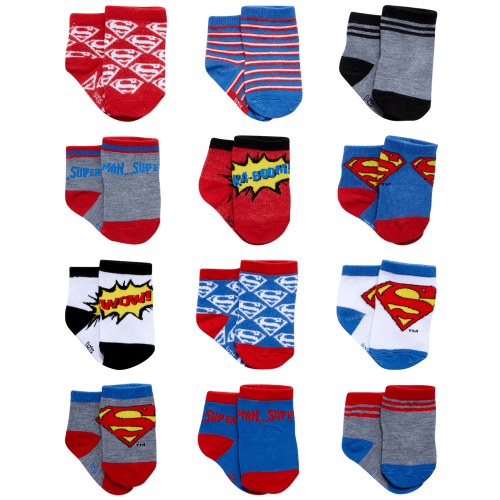WB Superman Baby Socks for Boys 0-6 months, 6-12 Months, and 12-24 Months, 12-Pack
