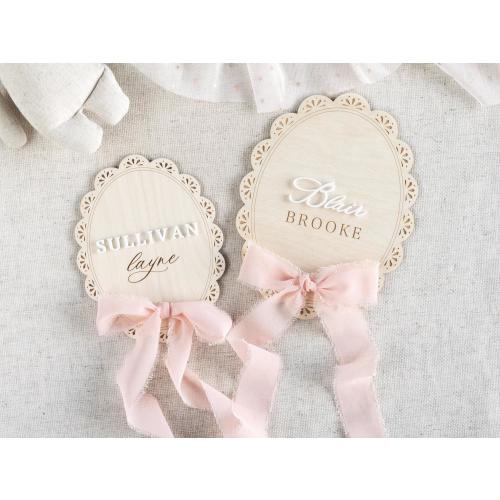 Wooden Lace Newborn Baby Birth Announcement, Hospital Name Sign, Nursery Decor, Baby Shower Gift, Girl Milestone Marker, Coquette Bow Ribbon