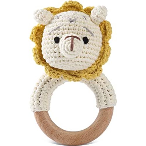Wooden Baby Rattle Crochet Lion Baby Toys Handmade Newborn Toy Early Development Grips Stuffed Animal Organic Rattle