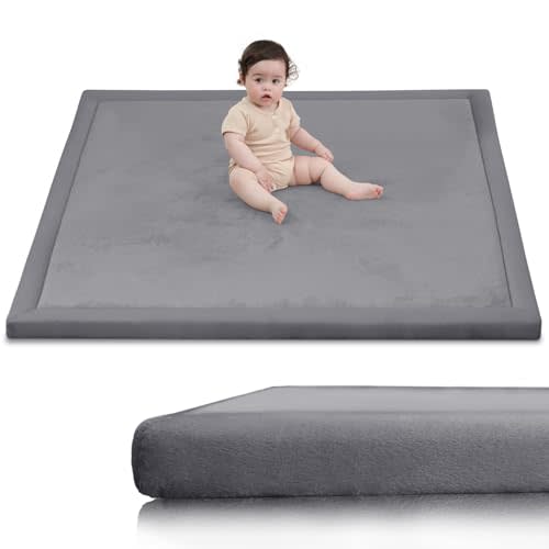 Huloo Sleep Baby Play Mat for Floor,1.3" Thick Elasti-Foam 50x50 Playpen Mat for Toddlers Infant kids,Water-Repellent Soft Coral Velvet for Tummy Time,Non-Slip Backing for Crawling,Tatami Style (Dark Grey)
