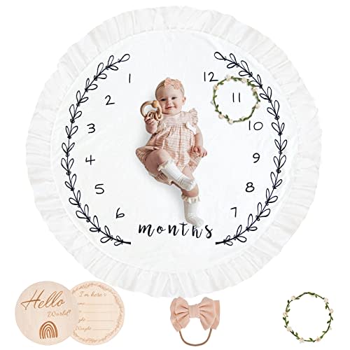 HAN-MM Baby Milestone Girl Flowers Monthly Blanket with Double-Sided Milestone Cards and Circle Ring Play Mat Large(43.3" X43.3') Double Sided Pom Pom Ball Thick Flannel Round Rug for Boy Girl