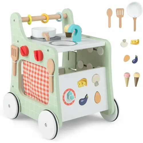 HONEY JOY Baby Push Walker, 6-in-1 Wooden Play Kitchen Walker Activity Center w/Shape Sorter, Develop Motor Skills & Creativity, Push Toys for Babies Learning to Walk, Gift for Boys and Girls