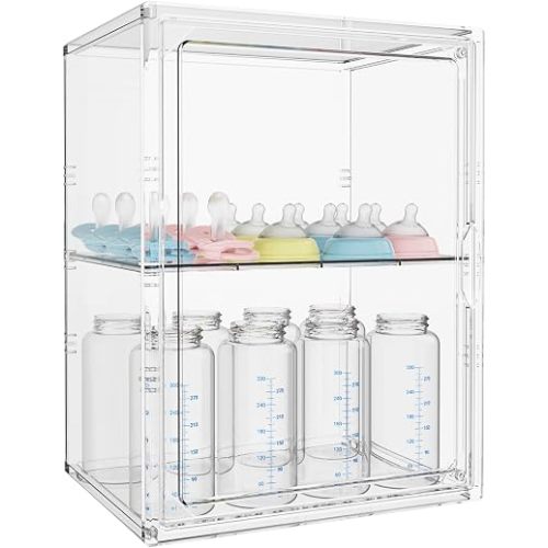Baby Bottle Organizer, 3 Tiers Adjustable Bottle Storage Container for Countertop, Clear Acrylic Bottle Station with 2 Removable Dividers and Magnetic Door, Suitable for Kitchen Bathroom Vanity