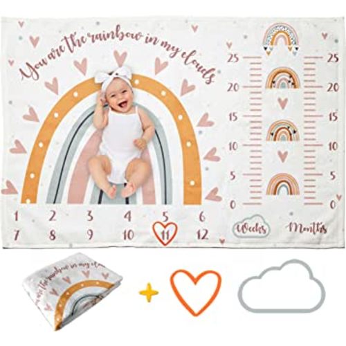 Pavo Boho Rainbow Milestone Blanket for Baby Girl - Includes 2 Exclusive Frames - Personalized Baby Height Growth Chart for Newborn Essentials - Rainbow Baby Gifts 60"x40"