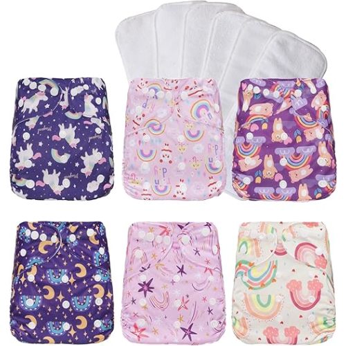 Washable Reusable Cloth Diapers for Babies, Adjustable Baby Cloth Diapers Newborn,6 Pack Pocket Diapers with 6Pcs Microfiber Inserts (Rainbow Unicorn)