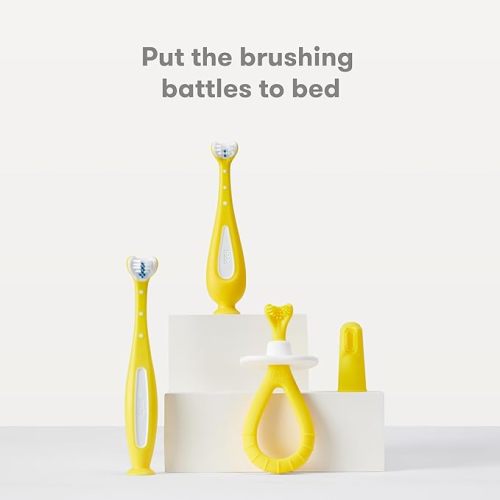 Frida Baby Grow-with-Me Baby Toothbrush Training Set | Infant to Toddler Toothbrush 0-12 months, Cleans All Sides at Once, Oral Care for Sensitive Gums | Yellow - 2 Count (Pack of 1) - Grow-with-Me Training Toothbrush Set (6M+)
