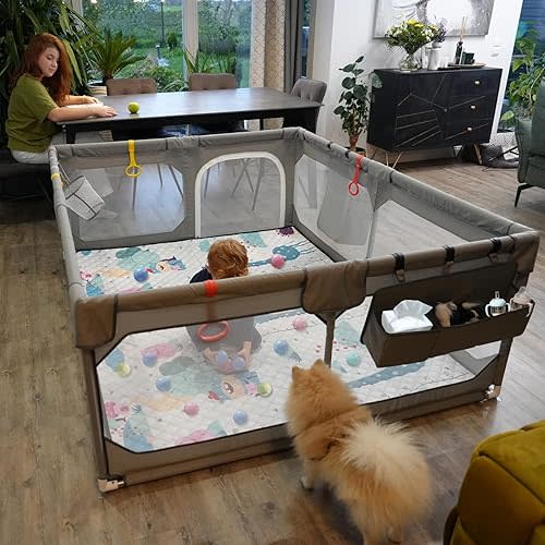 Baby Playpen with Mat 79"*70", Extra Large Playpen for Babies and Toddlers with Storage Bag, BPA-Free, Non-Toxic, Safe No Gaps Playards for Babies, Sturdy Safety Play Yard for Indoor Outdoor Fun, Grey