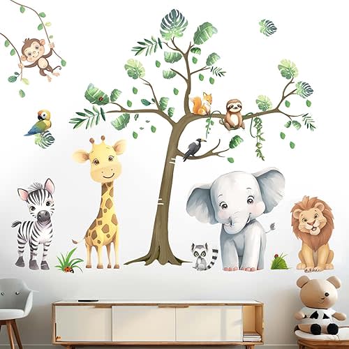 Baby Animal Wall Stickers for Nursery: Kids Boys Girls Bedroom Classroom Daycare Wall Decals - Jungle Animals Tree Elephant Lion Giraffe Monkey Sloth