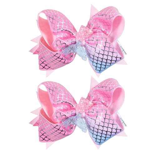 2pcs Glitter Mermaid Hair Bow Clips Girls 4.7" Mermaid Scales Ribbon Alligator Hairpins Barrettes Kids Toddlers Teens Summer Beach Costume Dress outfits Decor Accessories Birthday Gift