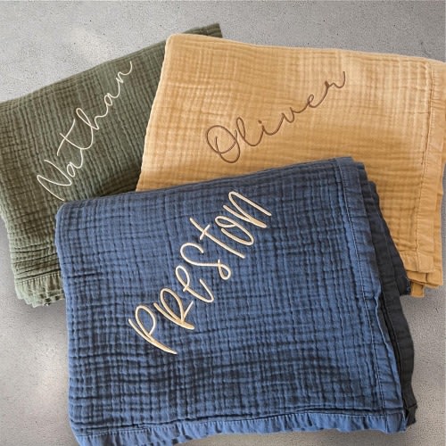 Embroidered baby name blanket, Muslin baby blanket, baby boy blanket