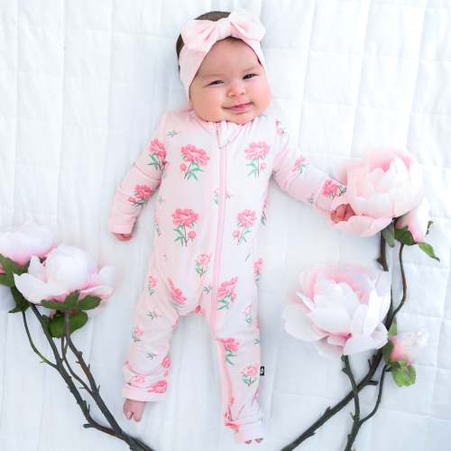 (6-12) Zippered Romper in Sakura Peony