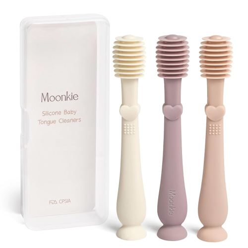 Moonkie Limpiador de lengua para bebé, cepillo de dientes para niños pequeños, kit de limpiador oral para bebés de 3 meses o más, 3 piezas (rubor/malva pálida/marfil)