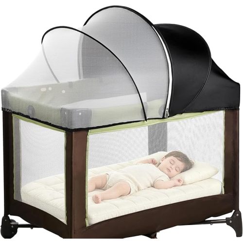 Pack N Play Tent Cover - Half-Blackout Mosquito Net for Crib & Playpen, Baby Bassinet Cover for Cats with 2-Way Zipper, Sun-Blocking Bug Net for Travel Crib (Black-Large)