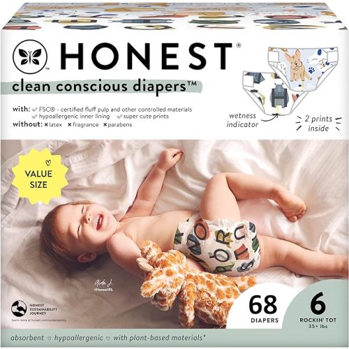 The Honest Company Clean Conscious Diapers | Plant-Based, Sustainable | All The Letters + It's a Pawty | Super Club Box, Size 6 (35+ lbs), 68 Count