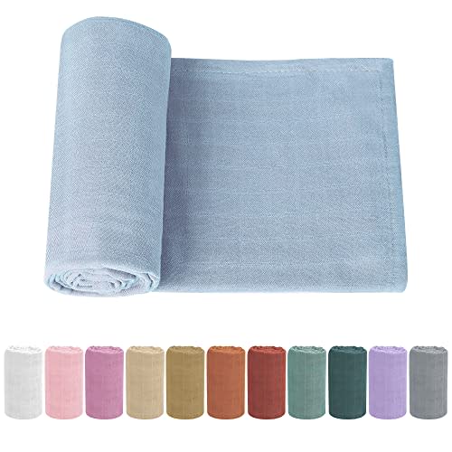 Premium Soft Muslin Cotton Newborn Baby Swaddle Blanket Unisex Swaddle Wrap Silky Swaddle Blankets Neutral Receiving Blanket for Newborn Boys and Girls Large 47 x 47 inches(120x120cm) (Light Blue)