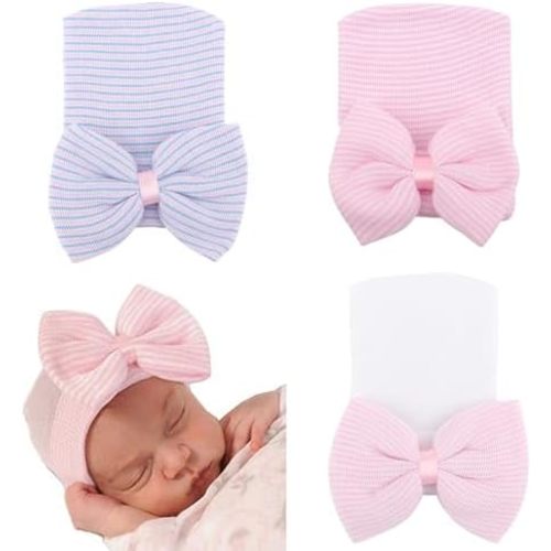 AQOKKA Cotton Newborn Baby Girl Hats with Bow 0-3 Months