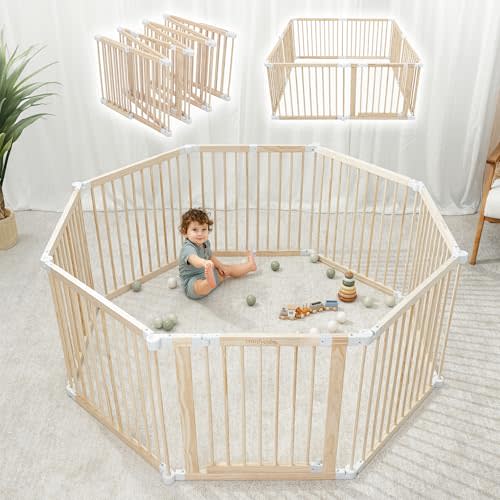 Comfy Cubs Baby Gate Playpen - 57 x 57 x 25 in, Extends Up to 228” - Pine Wood Foldable Playpen with Child-Proof Lock - Easy Assembly Baby Fence Play Area for Babies & Toddlers - Light Wood White