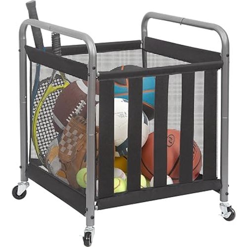 STORAGE MANIAC Ball Storage Bin Rolling Sports Ball Cart, Metal Garage Organizer Sport Rack Basketball Storage Cage for Garage or Gym, Indoor & Outdoor Sports Equipment Organizer