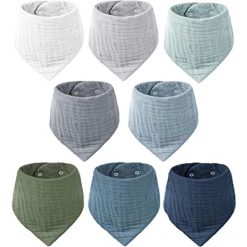 Konssy Muslin Baby Bibs 8 Pack Baby Bandana Drool Bibs 100% Cotton for Unisex Baby, 8 Solid Colors Set for Teething and Drooling