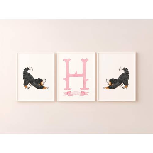 Personalized Bernese Mountain Dogs Nursery Prints, Set of 3 Wall Art w/ Berner Pet Portraits Custom Monogram Name Dog Themed Kids Room Decor