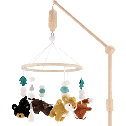 The Peanutshell Woodland Crib Mobile for Boys or Girls, Wooden Musical Baby Mobiles with 12 Lullabies, Bear, Deer, Buffalo, Fox, Woodland Animal Nursery Decor