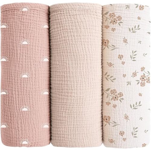 Konssy Muslin Swaddle Blankets for Baby Girls Boys, 3 Pack Receiving Blanket Large 47 x 47 inches, Soft Breathable Muslin Baby Blanket for Unisex Newborn (Peach Blossom Sun)