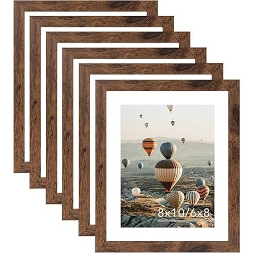8x10 Picture Frame Set of 6 for Wall Hanging or Tabletop, Display 6 x 8 with Mat or 8 x 10 without Mat, Wood Photo Frames Bulk for 8 by 10 Photo, 6 Pack, Deep Brown