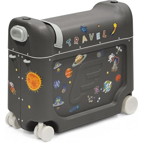 Stokke JetKids BedBox, Midnight Grey - Ride-On Suitcase for Kids 2-7 Years Old (up to 77 lbs) - Transforms Into Bed - Includes Mattress, Decorative Stickers & Adjustable Carrying Strap