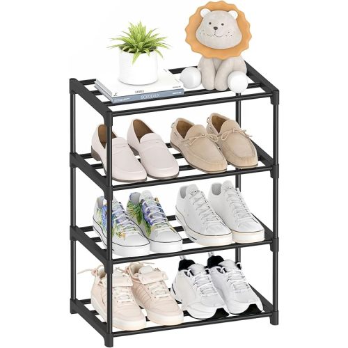 4 Tier Small Shoe Rack, Narrow Stackable Shoe Shelf for Kids Toddler Adult, Lightweight Shoe Rack Stand for Closet Dorm Storage Organizer, Front Door Entrance, Entryway