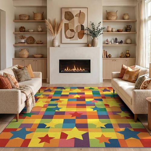 5'x7' Pastel Rainbow Ombre Checkered Arch Washable Area Rug | Gradient Squares Curved Bands Dreamy Balanced Non-Slip Low Pile for Guest Room, Apartment