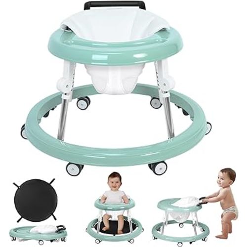 Foldable Baby Walker with Wheels and Anti-Rollover, Sit to Stand Activity Center for Boys and Girls 6-18 Months, 5-Position Height Adjustable (Green)