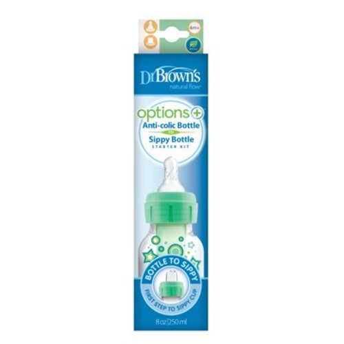 Dr. Brown's Anti-Colic Options+ Narrow Sippy Bottle Starter Kit, 8oz/250ml, Green, BPA Free, 6m+