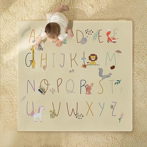 Vegan Leather Baby Play Mat, Wipe-Clean Play Mat for Floor, 50x50 in Thicken Foam Cushioned & Waterproof Playpen Mats for Infants, Kids and Toddlers, Beige Alphabet