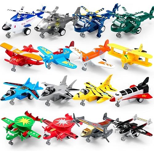 JOYIN 16 Pcs Pull Back Airplane Toys, Boys Plane Playset, Aircraft Incl Helicopter, Fighter, Bomber, Biplane Model, Gifts for Toddler Kids 3+ Years Old, Kids Presents, Treasure Box Toys for Classroom