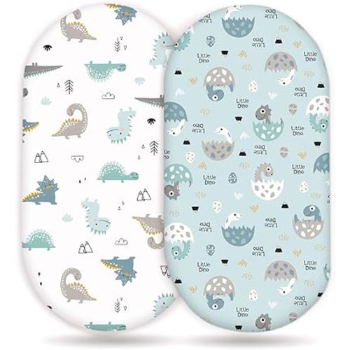 GRSSDER Stretchy Ultra Soft Fitted Bassinet Sheet Set 2 Pack, Universal Fit for Bassinets Baby Cradle Moses Basket Oval Rectangle Pad/Mattress, Happy Dinosaurs Bassinet Sheets for Girls and Boys