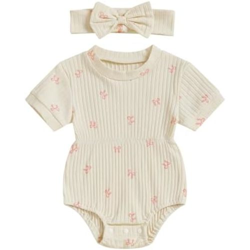 Newborn Baby Girl Romper Summer Clothes Bow Print Short Sleeve Ribbed Bodysuit Jumpsuit Headband Outfits
