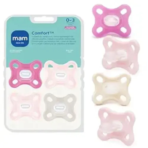 MAM Comfort Baby Pacifier 0-3 Months, Specially for Smaller Newborn Mouths, Lightweight One-Piece BPA-Free Silicone, Easy to Clean, Best for Breastfed Babies, 4 Pk, Made in Europe
