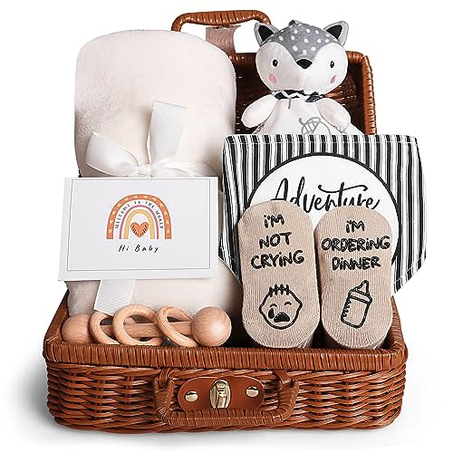 iAOVUEBY Baby Shower Gifts, Baby Gifts for Girls Boys, Unique Baby Gifts Basket Essentials Stuffs - Baby Lovey Blanket Newborn Bibs Socks Wooden Rattle & Greeting Card, Newborn Baby Gift Set