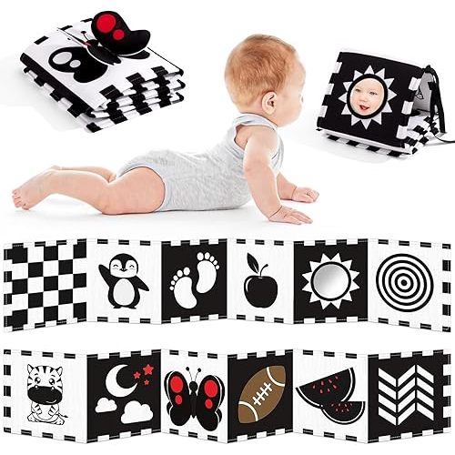 High Contrast Baby Book and Sensory Toy Set for 3 Months – Soft Crinkle Pages, Tummy Time Development, and Safe Mirror for Visual Stimulation – Ideal Newborn Gift for Boys and Girls