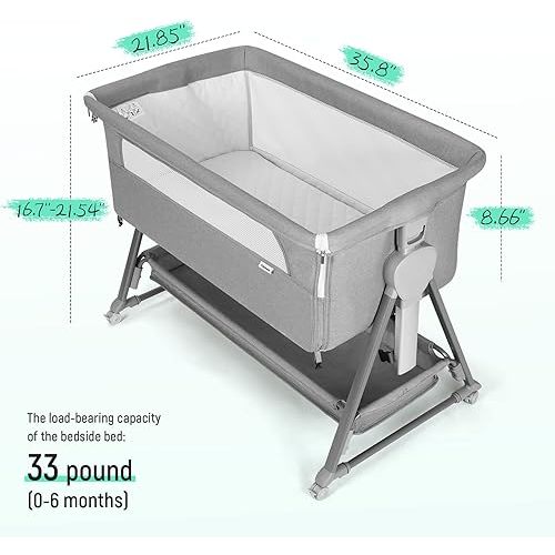 Cowiewie Bassinet Bedside Sleeper, Baby Bassinet with 7 Adjustable Height, Bedside Bassinets for Baby with Breathable Mesh Sides & Mattress, XL Storage, Easy Folding Baby Crib (Pyramid Light Gray)