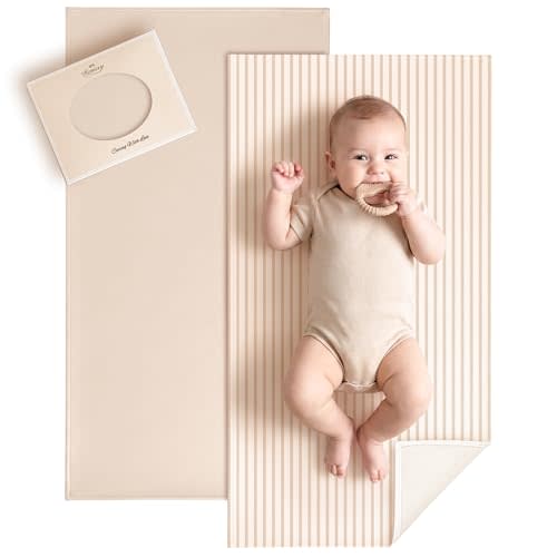 Konssy Faux Leather Baby Changing Mat, Waterproof, Wipeable & Portable Diaper Changing Pad for Travel or Home, Fits Perfectly in Diaper Bag, 30 x 17 inches (Beige,Stripes)
