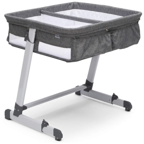 Simmons Kids By The Bed City Sleeper Bassinet for Twins - Adjustable Height Portable Crib with Wheels & Airflow Mesh, Grey Tweed