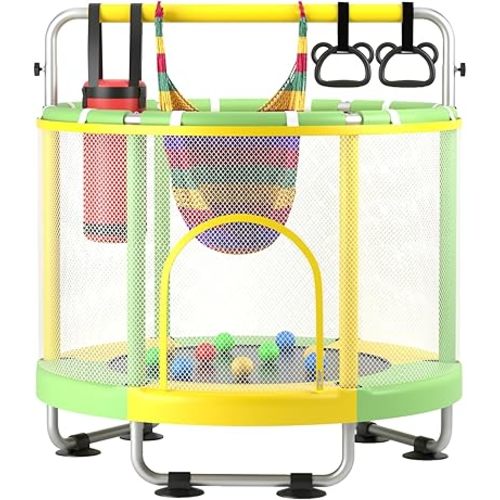 55" Trampoline for Kids with Enclosure, 440lbs Capacity Indoor & Outdoor Toddler Trampoline with Adjustable Gymnastics Bar & Toys, for Boys & Girls