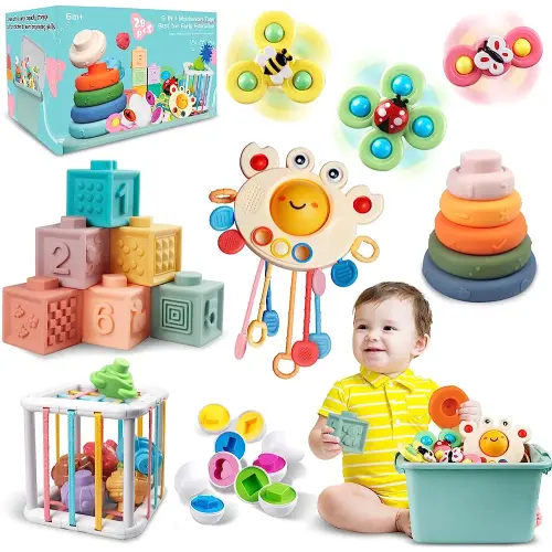 Baby Toys for 6 to 12 Months, Montessori Sensory Bins Toys for Toddlers 1-3, Pull String Teether Infants Bath Toys 6 in 1 Stacking Blocks Rings, Matching Eggs, Suction Cup Spinner Toy