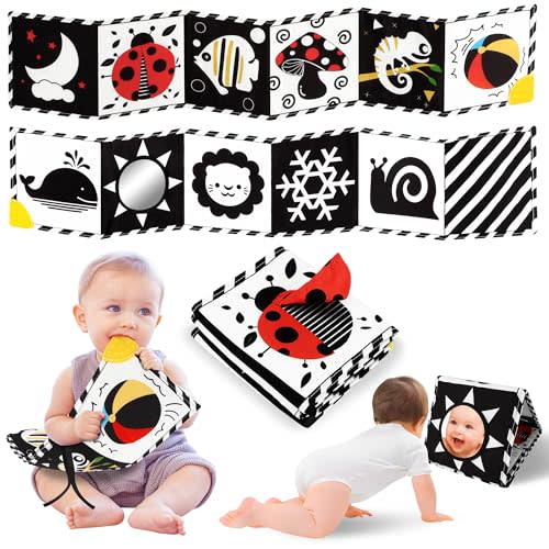 High Contrast Baby Book with Teether, Black and White Baby Book, 0-6-12 Months Soft Book for Newborn, Sensory Books, Montessori Learning Activities for Babies, Easter Basket Stuffer