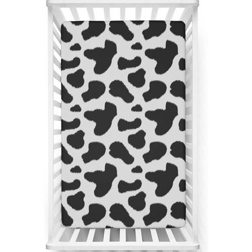Cow Print Themed Fitted Mini Crib Sheets,Portable Mini Crib Sheets Soft & Stretchy Fitted Crib Sheet -Great for Boy or Girl Room or Nursery,38“ x24“,Charcoal Grey White